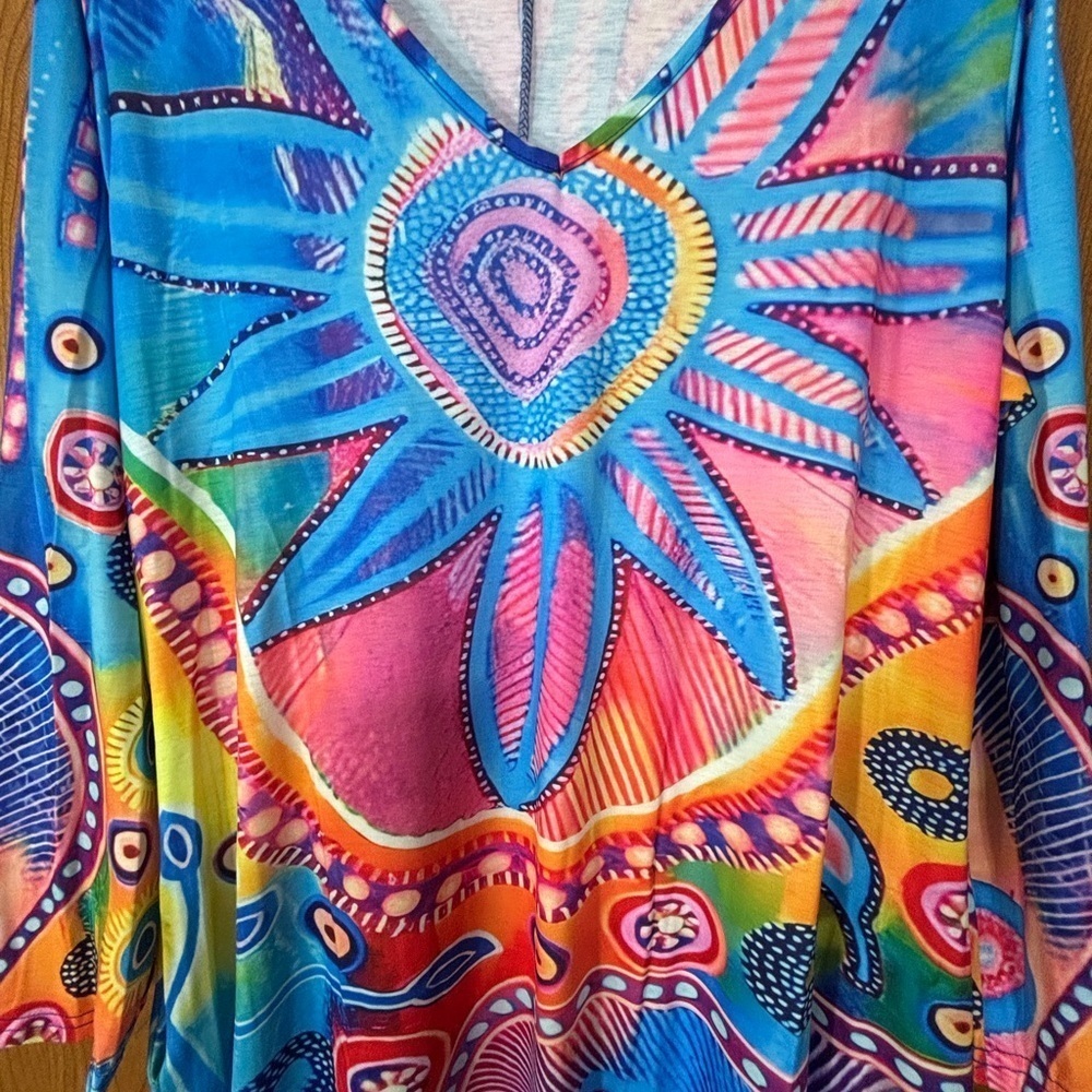 Psychedelic Blue, Pink and Multicolored Maxi Kaftan Dress with V-Neck - Picture 6 of 7